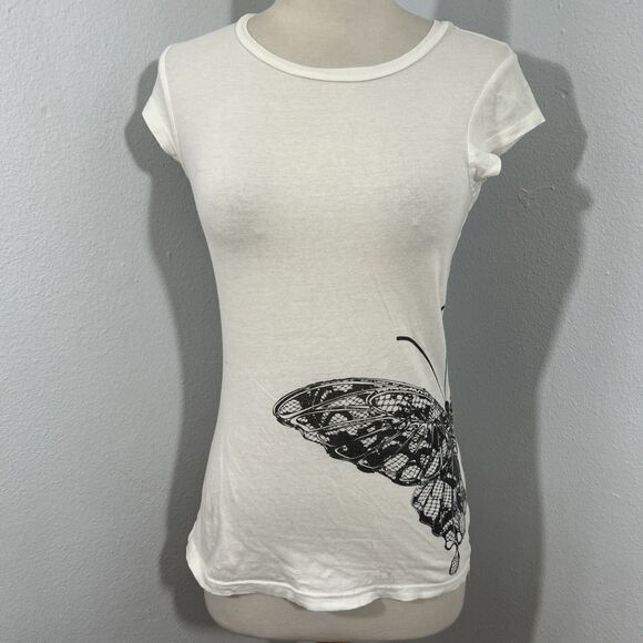 Max Azria  Tee Top Womens 6 White Butterfly  Casual Y2K‎ 90s - Picture 1 of 5
